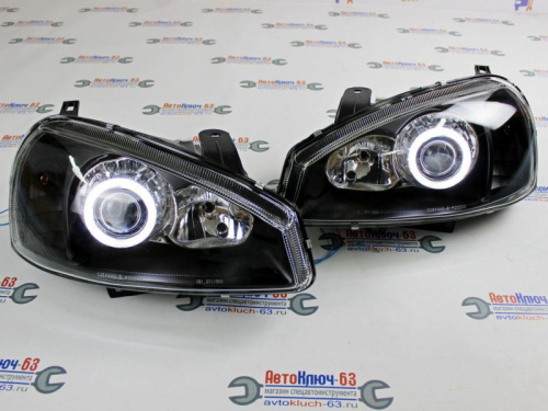 Фары передние на Лада Калина черные с линзой и ангельскими глазками