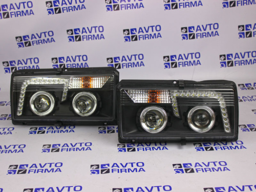 Фары передние тюнингованные черные с линзами и ДХО для а/м 2105, 2107