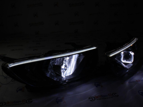 Тюнинг фары Лада Гранта FL с Би линзой Подковы с ангельскими глазками ДХО и бегающим поворотниками