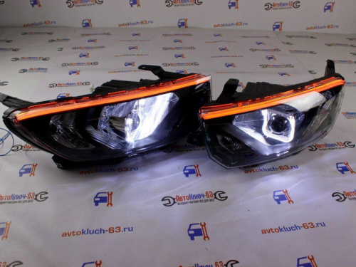 Тюнинг фары Лада Гранта FL с Би линзой Подковы с ангельскими глазками ДХО и бегающим поворотниками