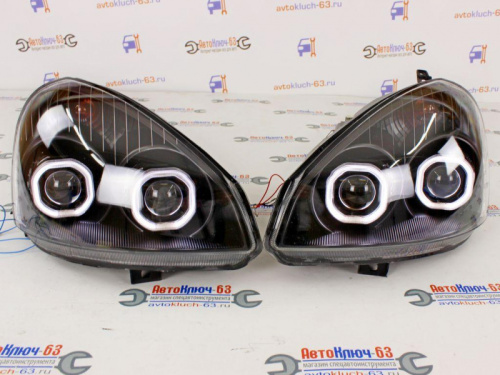 Тюнинг фары Приора с двумя Би линзами ангельскими глазками черной маской
