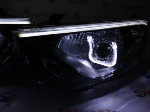 Тюнинг фары Лада Гранта FL с Би линзой Подковы с ангельскими глазками ДХО и бегающим поворотниками