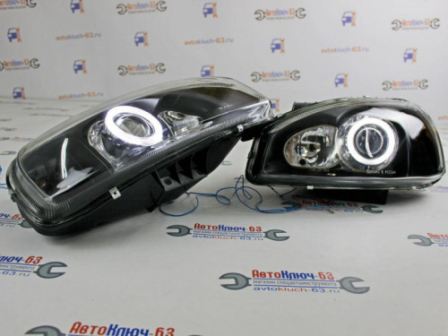Фары передние на Лада Калина черные с линзой и ангельскими глазками