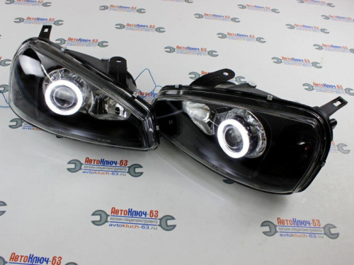 Фары передние на Лада Калина черные с линзой и ангельскими глазками
