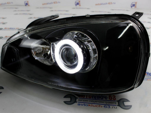 Фары передние на Лада Калина черные с линзой и ангельскими глазками