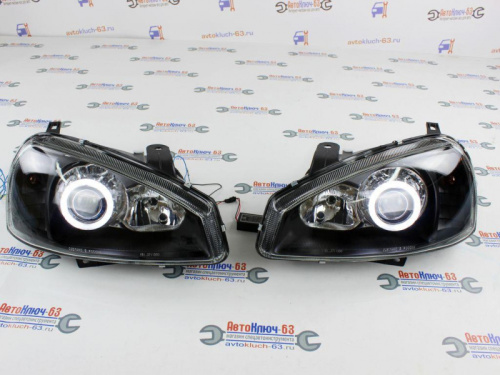Фары передние на Лада Калина черные с линзой и ангельскими глазками