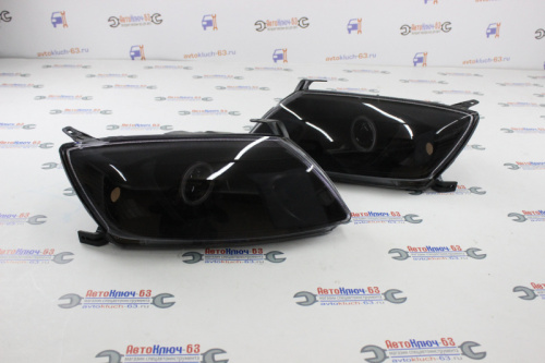 Передние тюнинг фары Лада Гранта с Би линзой тонированные с ангельскими глазками