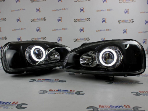 Фары передние на Лада Калина черные с линзой и ангельскими глазками