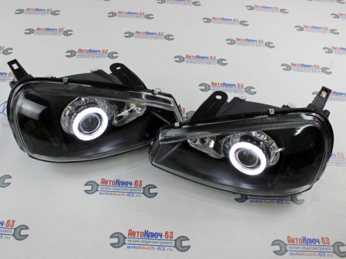 Фары передние на Лада Калина черные с линзой и ангельскими глазками