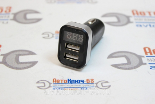 Автомобильное зарядное устройство USB на 2 разъема + вольтметр с Led дисплеем
