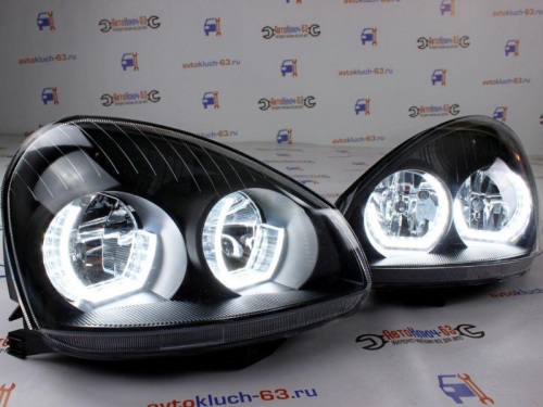 Тюнинг фары в стиле Mersedes Benz c ангельскими глазками и черной маской на ВАЗ 2170 Лада Приора