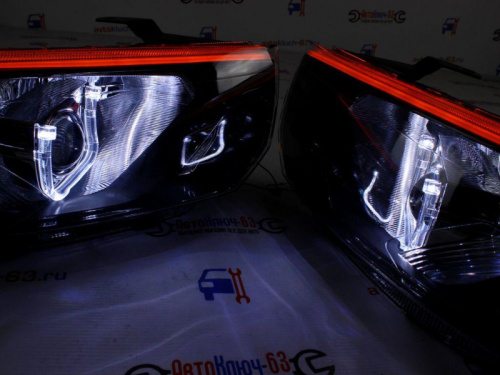 Тюнинг фары Лада Гранта FL с Би линзой Подковы с ангельскими глазками ДХО и бегающим поворотниками
