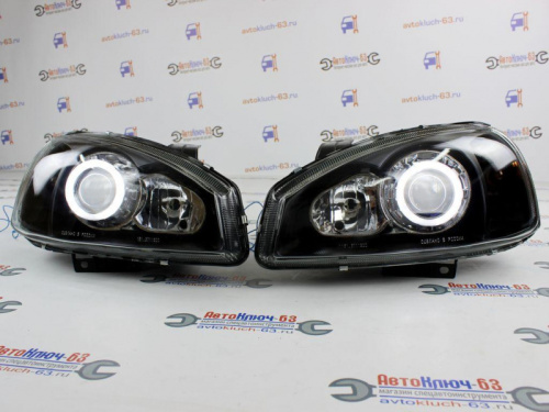 Фары передние на Лада Калина черные с линзой и ангельскими глазками